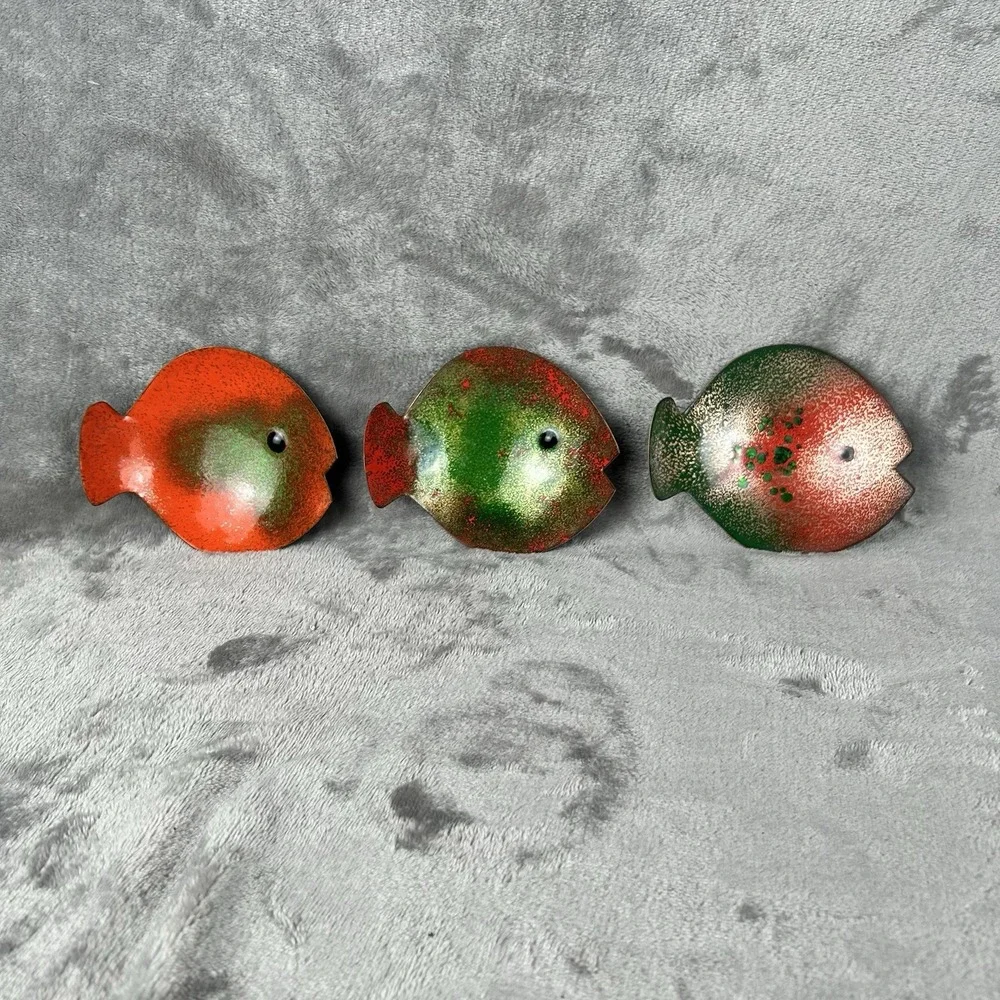 Enameled Copper Trinket Dishes Set Of 3 VTG Stylized Fish Bovano Style MCM